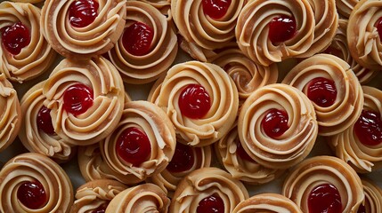 Swirled butter cookies with red jam centers arranged in rows, creating appetizing pattern of homemade holiday treats. Fresh baked traditional European pastries.