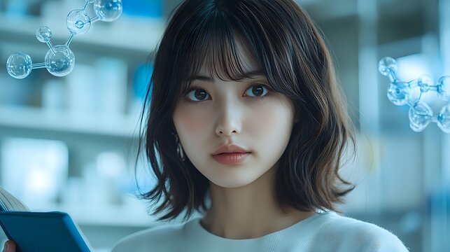 Young Asian female scientist or researcher in white lab coat examining molecular structures displayed as floating holograms while holding digital tablet in modern laboratory setting.