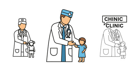 Doctor and Child Outline Illustrations for Medical Clinic Services Design, healthcare guidance with pediatric consultation.