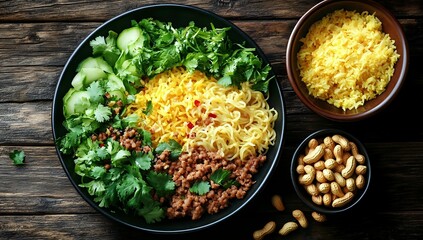 Fresh bowl with minced meat, yellow rice, cucumber slices, green herbs and peanuts served on rustic wooden table, healthy lunch concept.