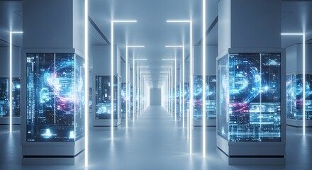 Futuristic server room with glowing displays and illuminated columns.