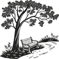 An empty wooden bench sits under a bare tree in a winter park landscape, covered in a dusting of snow