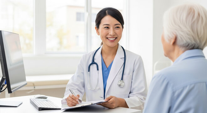 診察室で診察をするアジア人医師