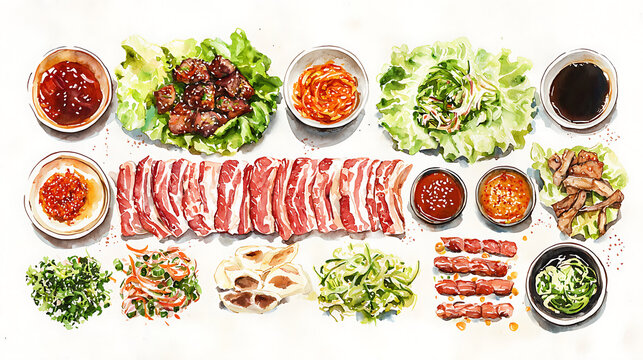 Vibrant watercolor illustration of a traditional Korean barbecue concept. A top down flat lay view of various meats, kimchi, and side dishes for a delicious culinary experience.