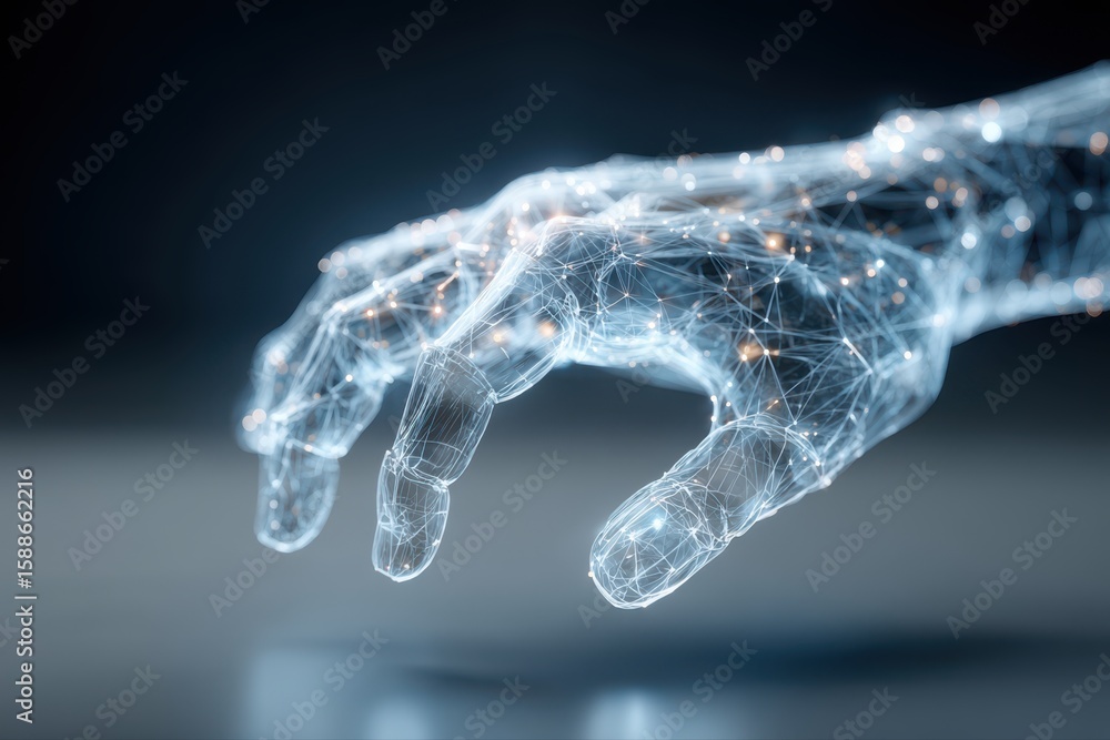 Poster a futuristic wireframe illustration of a virtual reality hand with intricate wire pattern design.