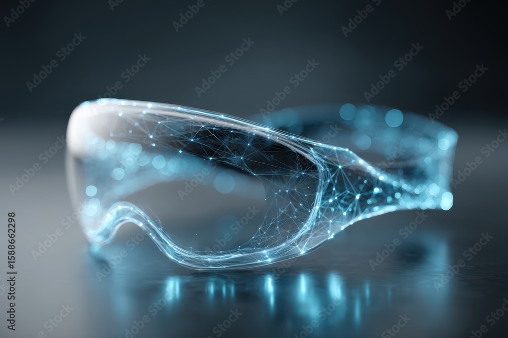 Poster vr headset, featuring a pair of glasses with a wire pattern design. the virtual reality concept is v