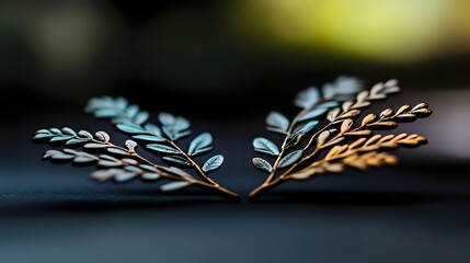 Delicate blue and gold leaf branches with intricate details captured in soft focus against dark background create dreamy natural composition.