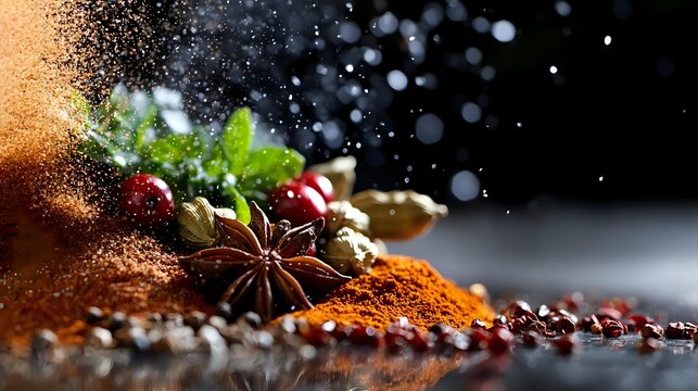 Aromatic spices and herbs with star anise, peppercorns, and red chili powder creating dynamic composition with falling spice dust in dramatic lighting.