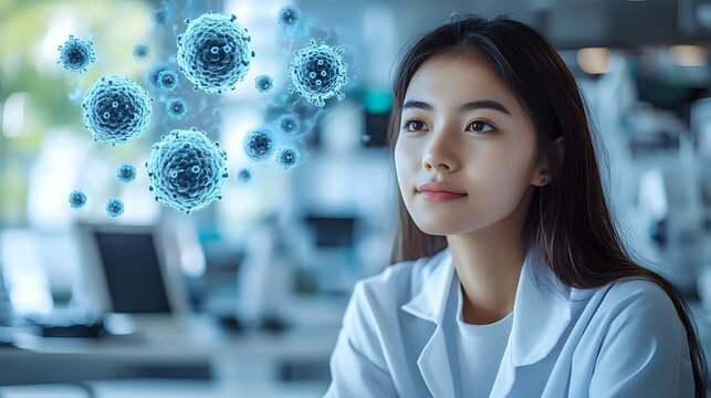 Young Asian female medical professional in white coat looking thoughtful with floating blue virus cell visualization in modern laboratory setting. Healthcare and research concept.