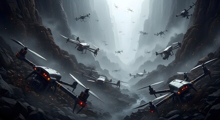 A dramatic, futuristic scene of numerous drones swarming a rocky canyon.