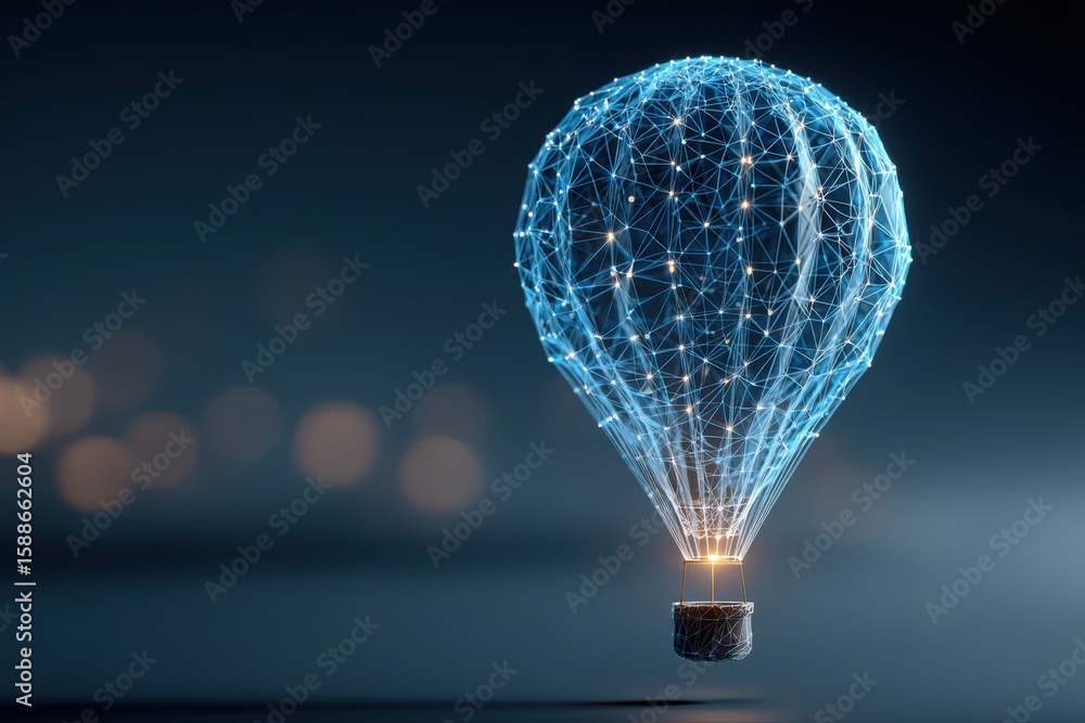 Poster a futuristic wireframe illustration of a light bulb with a network of connected lines, representing 