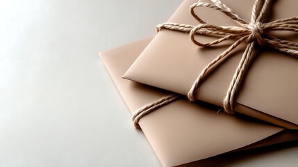Minimalist beige envelopes tied with natural twine string on light background. Elegant stationery composition for wedding invitations and special occasions.