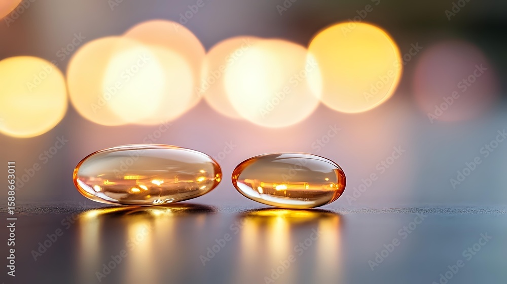 Poster glowing amber vitamin capsules on reflective surface with soft bokeh lights in background, creating 
