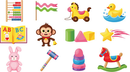 Colorful cartoon children’s toys collection, monkey, duck, abacus, bunny, rocking horse, preschool learning illustration, fun, education, playtime
