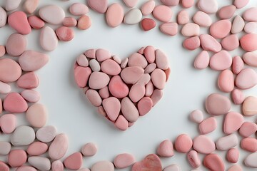 Pink and beige pebbles arranged in heart shape on white background, surrounded by scattered stones. Romantic minimal composition for valentines day cards.