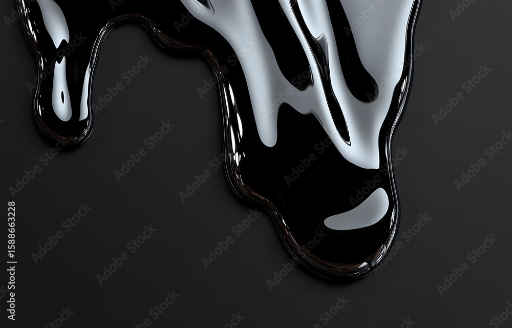 Poster glossy black liquid drips and flows creating abstract shapes against dark background, showcasing vis
