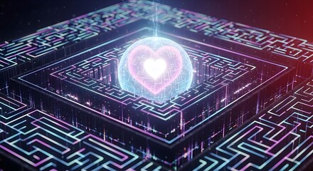Abstract digital maze design with glowing heart-shaped sphere in the center.
