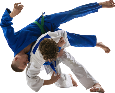 Judo competitor in blue gi performs sweeping hip throw on white-clad fighter in air rotation. Transparent background. Concept of dynamic martial motion, body mechanics, and competitive action freeze.