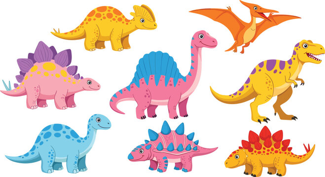Colorful cartoon dinosaurs in playful poses, educational prehistoric creature illustration for children, fun kids art, Jurassic theme, learning