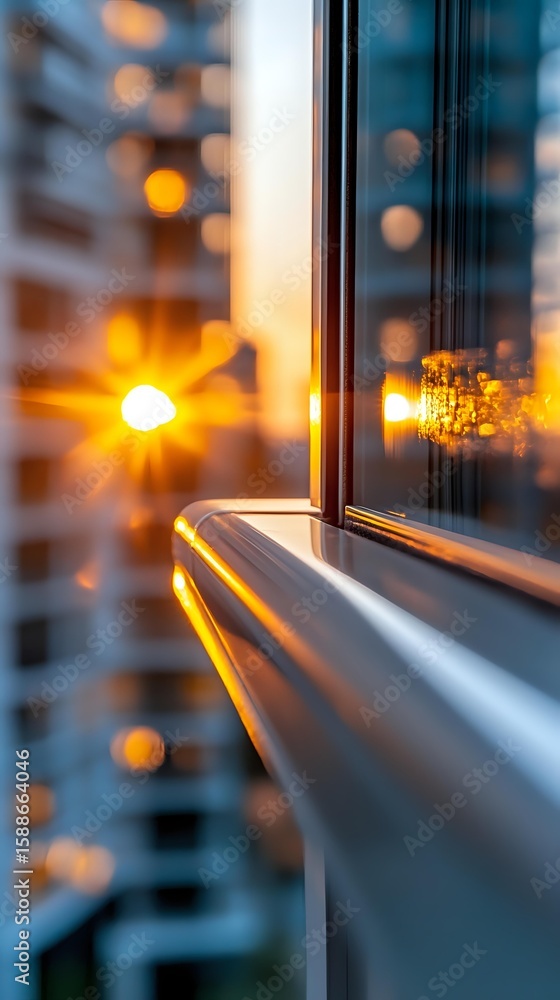 Poster Sunlight streaming through modern window frame creating golden lens flare and bokeh effect against urban cityscape background at sunset.