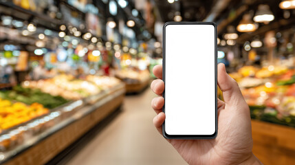 Hand Holding Blank Smartphone in Vibrant Grocery Store Interior with Fresh Produce and Colorful Displays in Background
