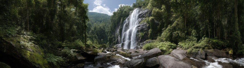 Naklejka premium Majestic waterfall adventure lush forest hdr panoramic view nature's serenity 360 degrees