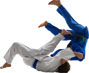 Two male judokas in white and blue uniforms execute flying judo throw with intense motion and focus. Transparent background. Concept of martial arts, discipline, power, sports training.