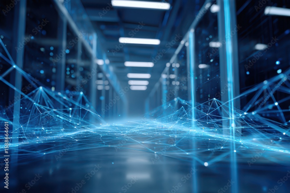Poster this stock image depicts a high-tech network server room illuminated by blue lights, visualized as a