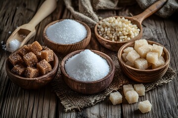 Fototapeta premium Bowls of white and brown sugar, granulated and cubes. Delicious sweetener for food and drink. Sweet ingredient.