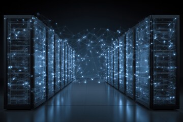 This stock image features a server in a high-tech server room filled with many servers, visualized as a futuristic technology hub.