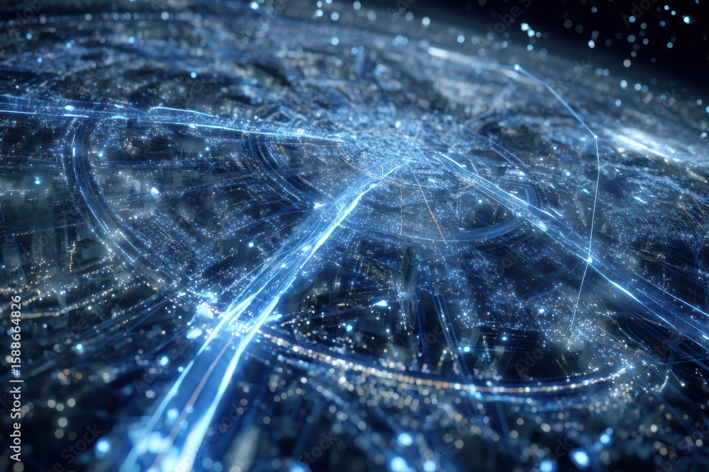 Poster a futuristic cityscape illuminated by numerous lights and intricate lines, showcasing a high-tech tr