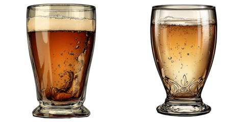 Two glasses of beer with bubbles isolated on transparent background  