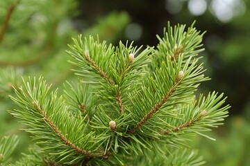 Close up of green pine tree branch with needles. Natural evergreen foliage texture for nature background. Botanical detail during spring or summer season.