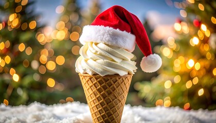 Vanilla ice cream cone with Santa hat