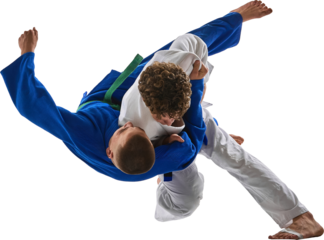 Isolated judo throw in mid-air performed by two young male athletes in blue and white uniforms, on transparent background. Concept of martial arts technique, physical training, and combat discipline