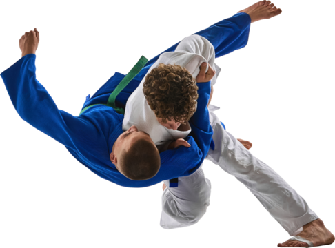 Isolated judo throw in mid-air performed by two young male athletes in blue and white uniforms, on transparent background. Concept of martial arts technique, physical training, and combat discipline