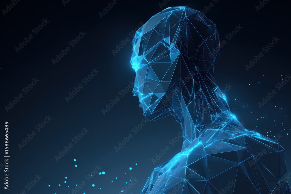 Poster a close-up of a man's face with a glowing blue polygonal pattern overlay. the futuristic visual effe