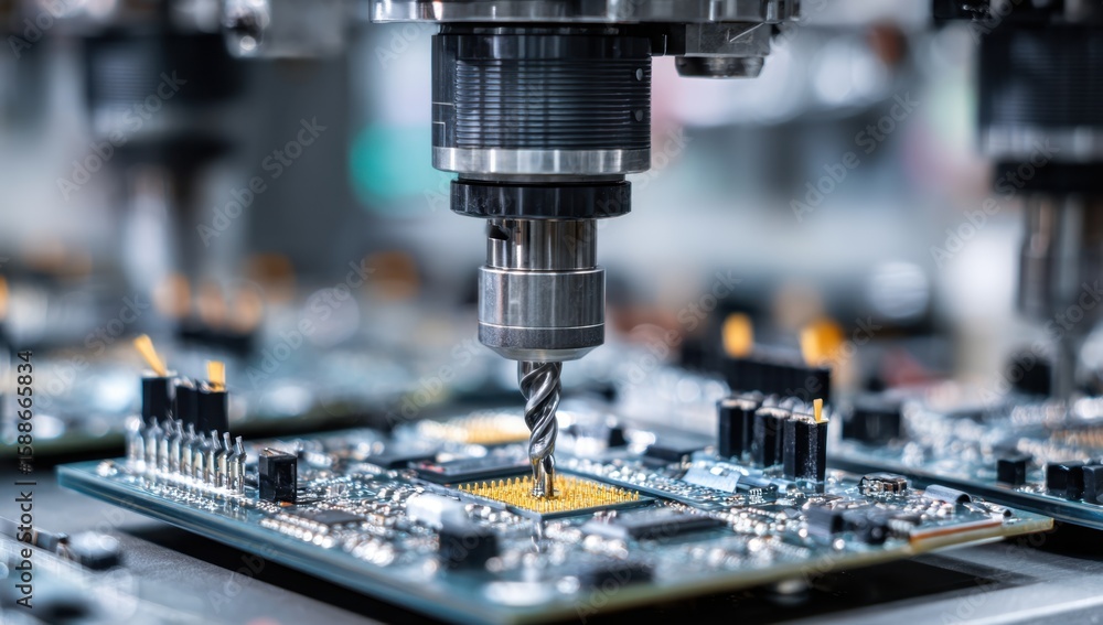 Poster precision automated drilling machine meticulously works on a circuit board, showcasing advanced manu
