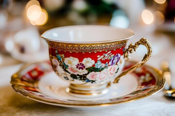 Ornate tea cup with vibrant floral pattern and gold accents. Elegant tableware for high tea party or special occasion.