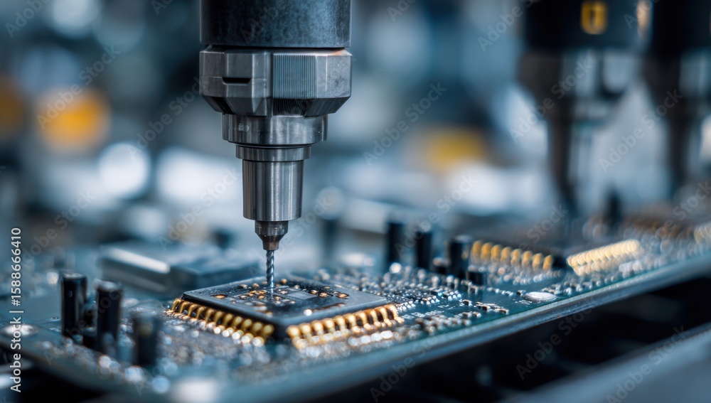 Poster precision engineering: a close-up view of a drill bit meticulously working on a circuit board, showc