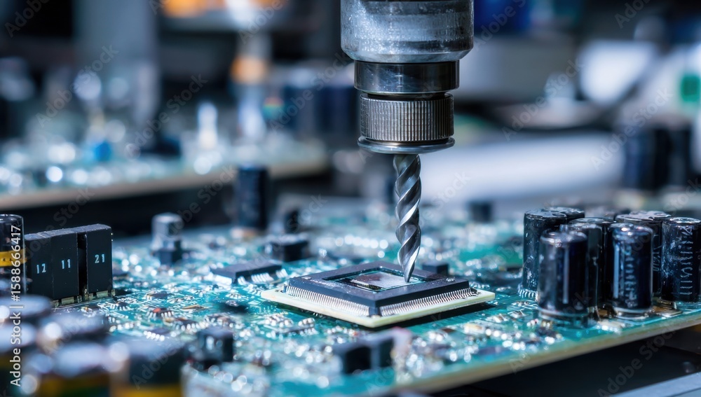 Poster precision engineering: a close-up view of a drill bit meticulously working on a circuit board, showc