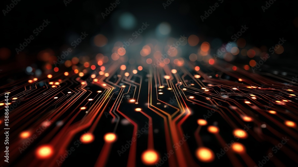 Poster abstract depiction of glowing electronic pathways, connecting digital components in a complex techno