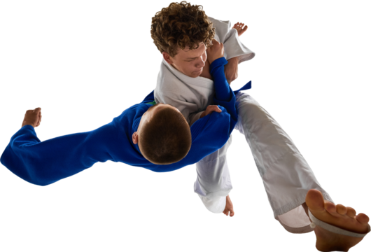 Two judo athletes in white and blue gi executing powerful airborne combat move, on transparent background. Concept of competitive technique, discipline, control, and strength in martial arts action.