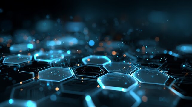 Futuristic technological surface displaying hexagonal patterns, dynamic blue glow, and intricate circuits, creating a modern digital effect.