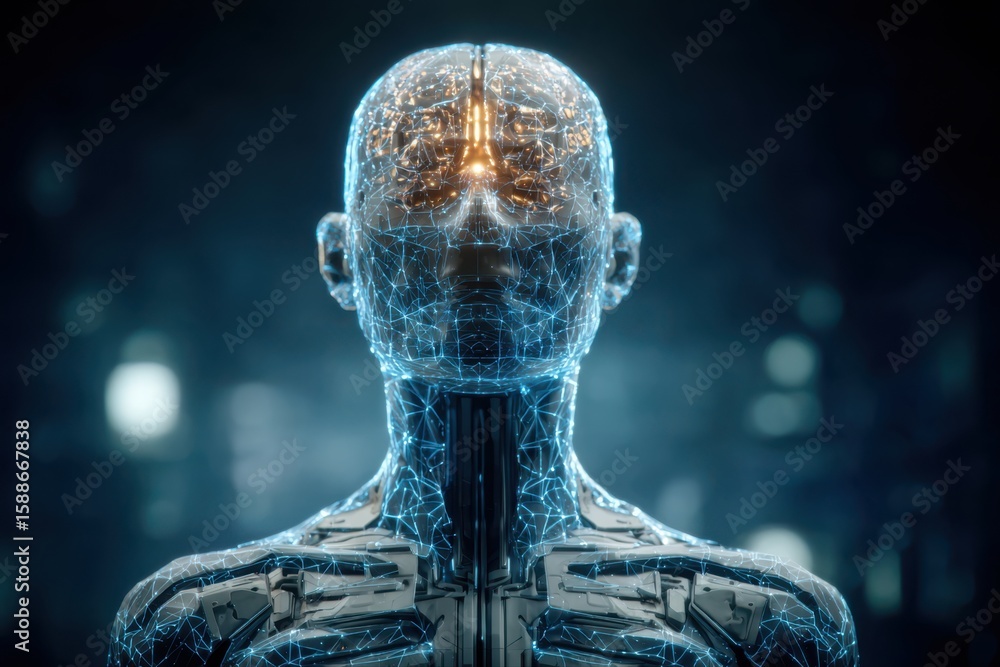 Poster a futuristic robot with a glowing head and torso, representing a remote ai assistant concept.