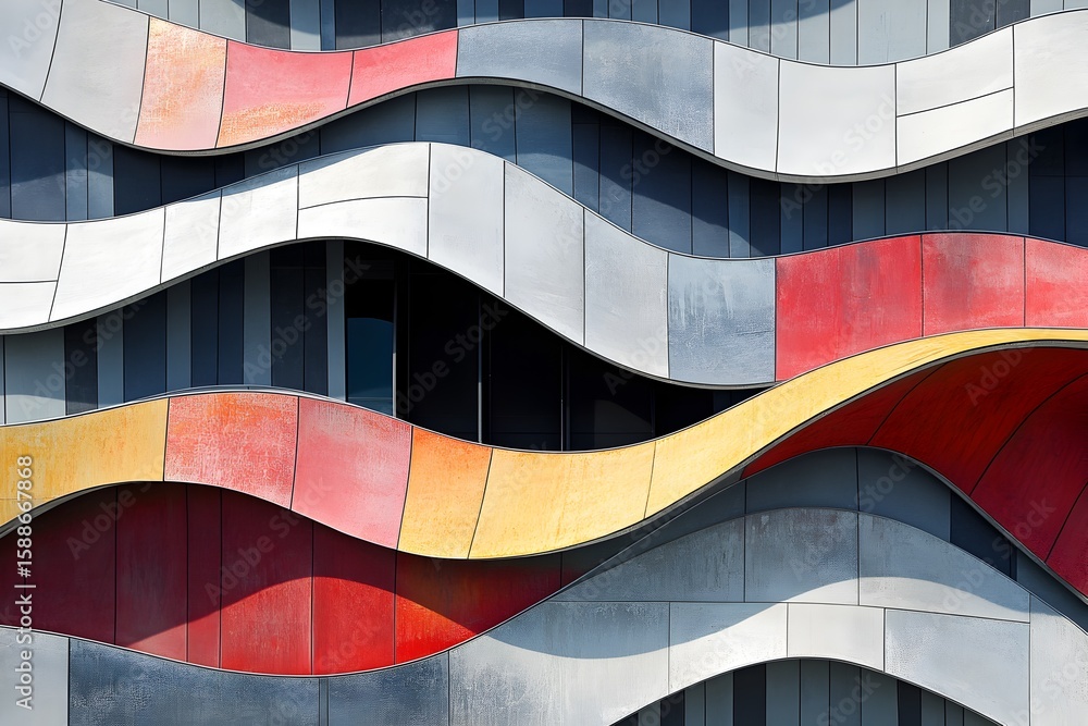 Poster abstract architectural design with colorful wavy panels forming a dynamic facade. modern building ex
