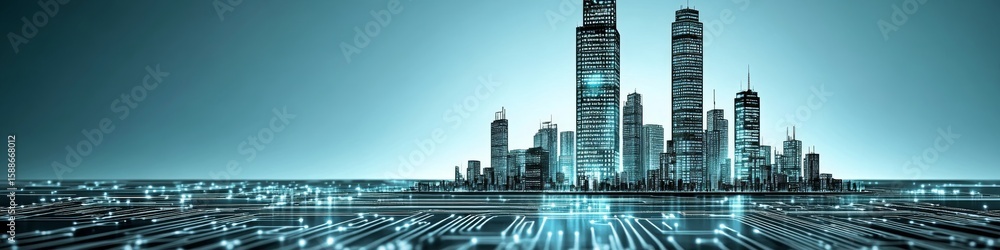 Poster a futuristic cityscape with data streams illustrating global connectivity and hyper connections