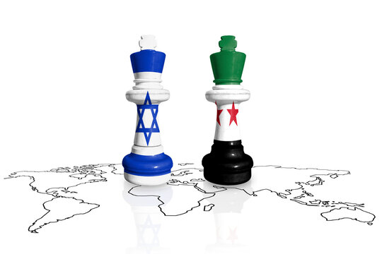 Chess made from Israel and Syria flags on a world map