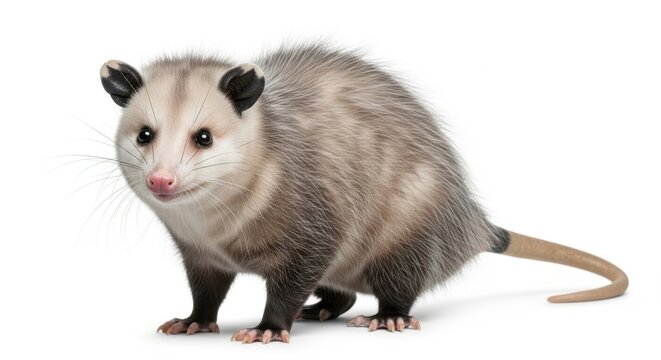 A north american opossum stands alert on a clean white background