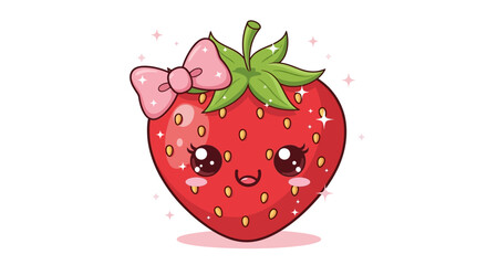 Obraz premium Smiling Strawberry Cartoon with Bow and Sparkles